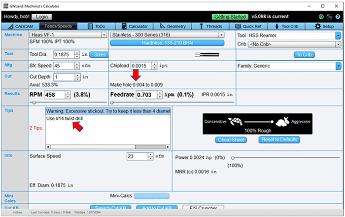 Screenshot of machining software interface with menus, buttons, and data table.