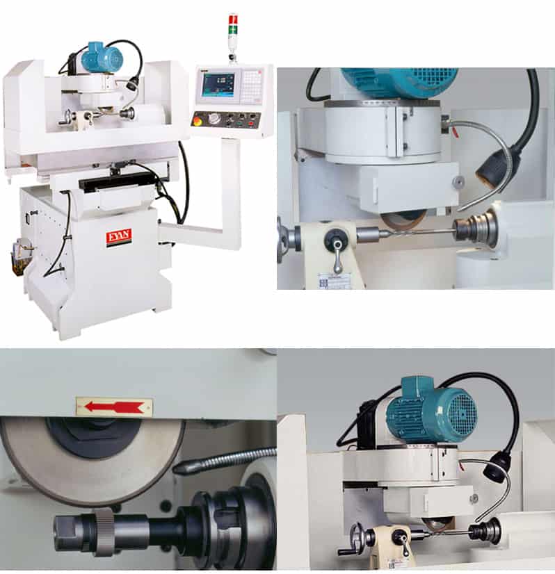 Computer-controlled grinding machine with four views showcasing its components and features.