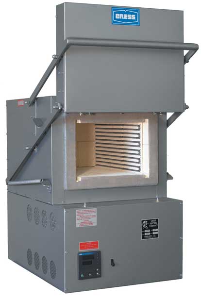 Industrial furnace with metal construction, gray color, and blue Bress logo.