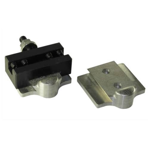 Metal tool holder with black plastic attachment and flat base.