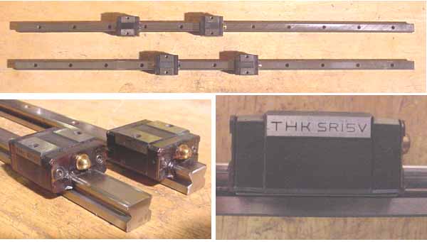 Linear motion components: two rails, two carriages, and one THK SR15V guide rail on a wooden surface.