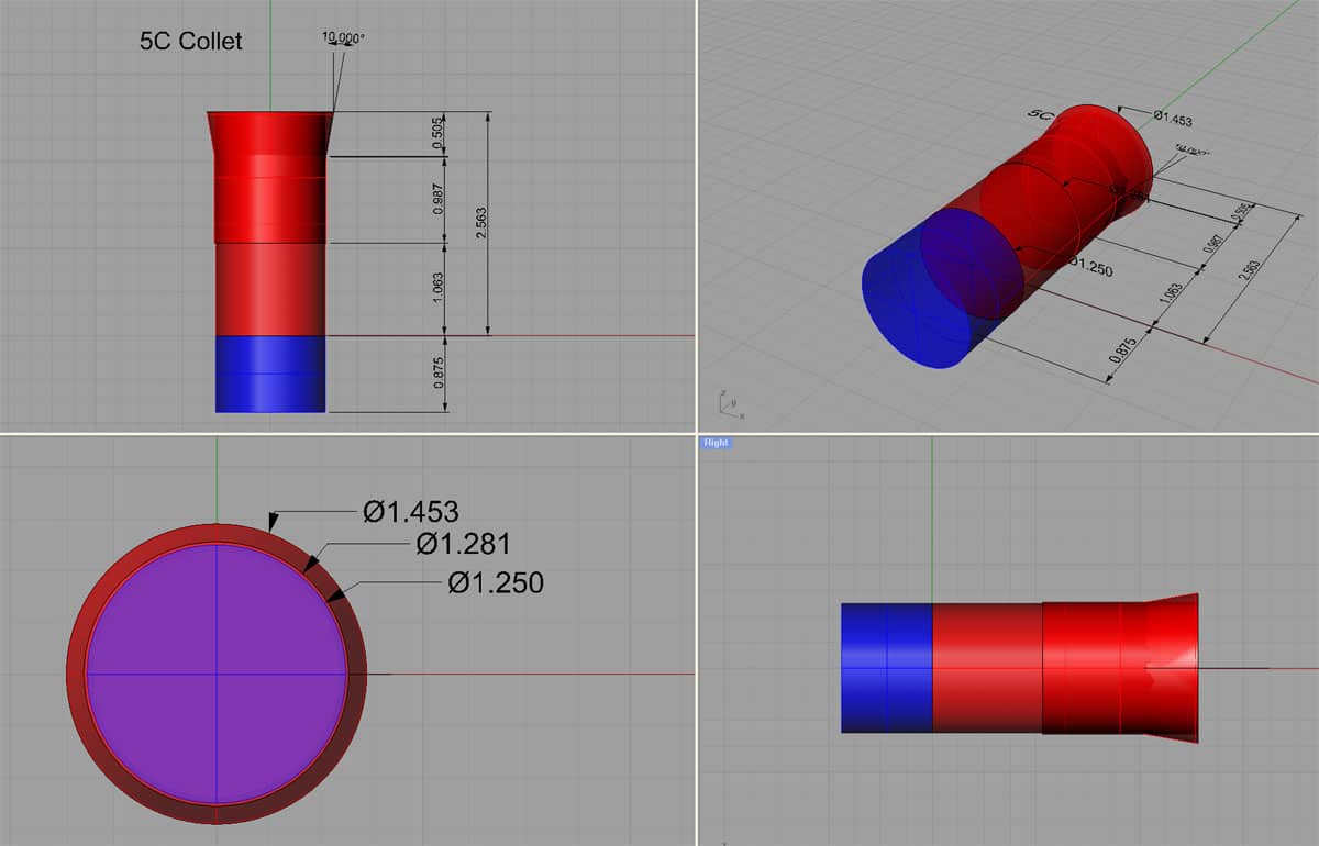 Cylindrical object with flared end and multiple dimensions, featuring top-down and side views, with red and blue colors and precise measurements.