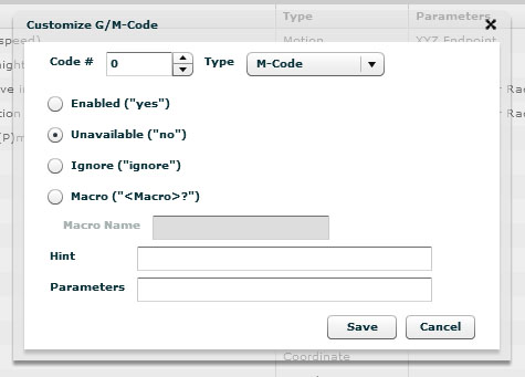 Screenshot of popup window with customizable G/M-code settings.