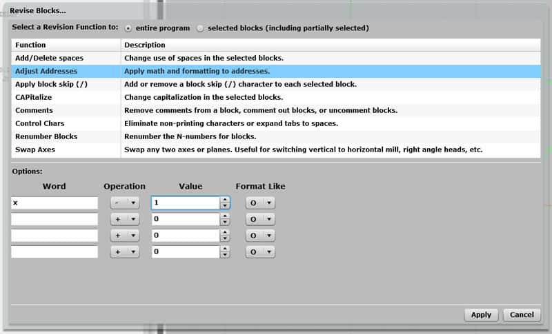 Machining tools on CNCCookbook.com - Revised Blocks interface with Address Adjust caption.