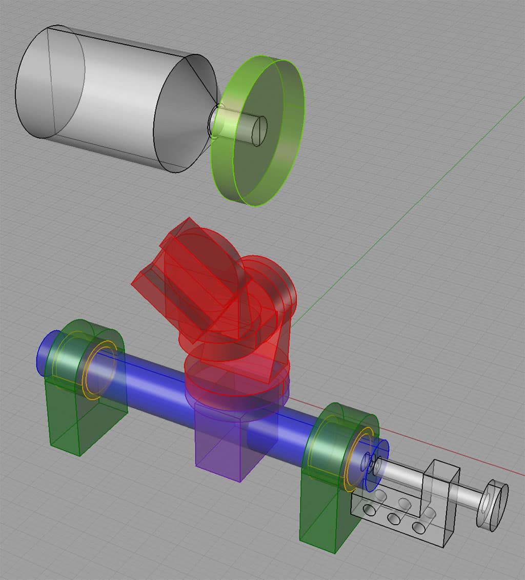 Engineering drawings for a CNC machine with cylinders, green/purple shapes, red/transparent sections on a gray grid background.