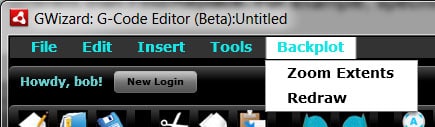 Text editor Backplot menu with Zoom Extents and Redraw options highlighted.