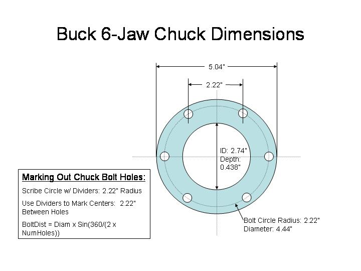 Technical illustration of a Buck 6-Jaw Chuck with dimensions.