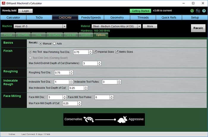 CADCAM Wiz options page on CNCCookbook.com featuring tool settings for machining