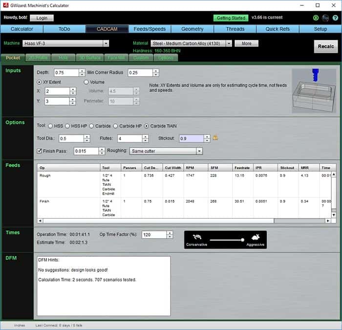 Machining software interface with calculators and options for cutting parameter calculations.