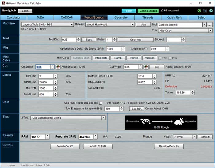 Calculator for machining feed rate on CNCCookbook.com website.