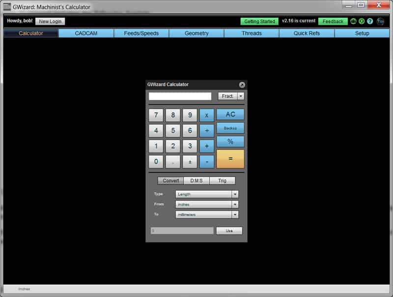 GWizard Machinist's Calculator screenshot on CNCCookbook.com website.