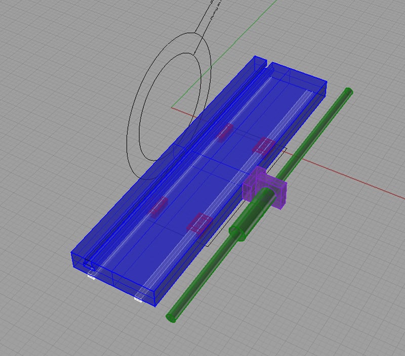 Blue CAD rendering of rectangular shape with green tube on gray background.
