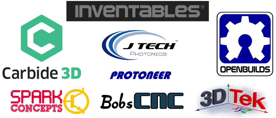Manufacturing company logos: Carbide 3D, J Tech Photonics, Spark Concepts, BobsCNC, OpenBuilds, 3D Tek.
