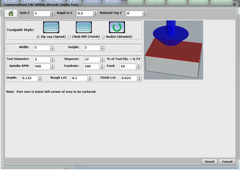 Conversational CNC Milling Wizard toolpath style interface.