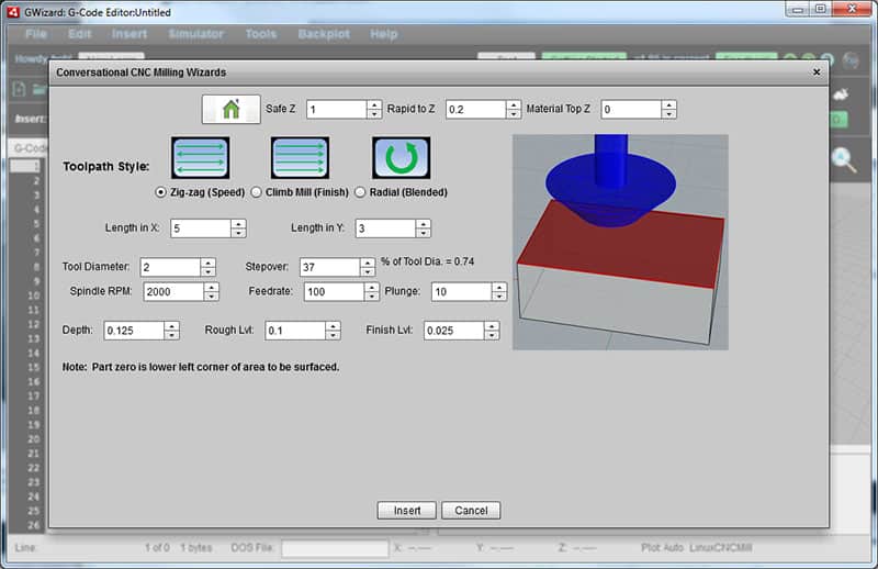 Conversational CNC Milling Wizard toolpath style interface with Zig-zag Speed settings.
