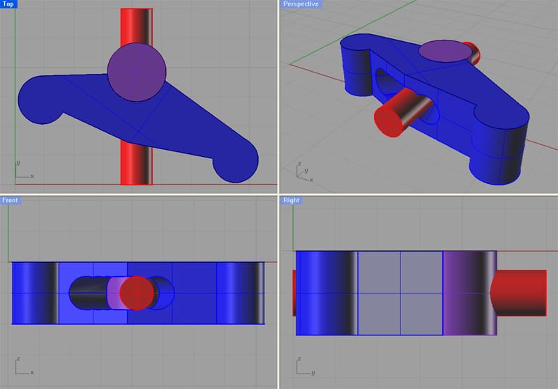 CAD model of a blue clamp with red and purple details.