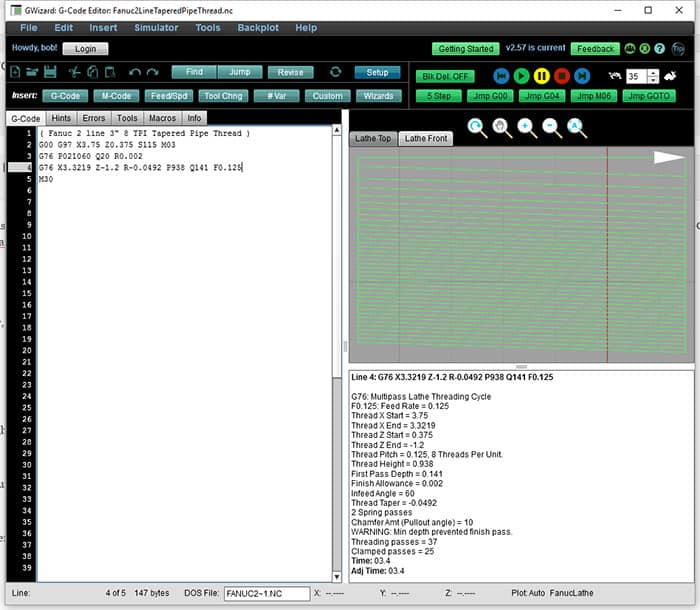 Fanuc 2i-A G-Code Editor screenshot with menus, toolbars, and code editor grid.