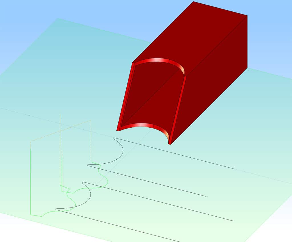 Red tool path with fish-mouth feature.