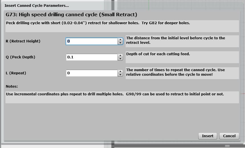 CNC machine G73 high speed drilling canned cycle parameters on CNCCookbook website.