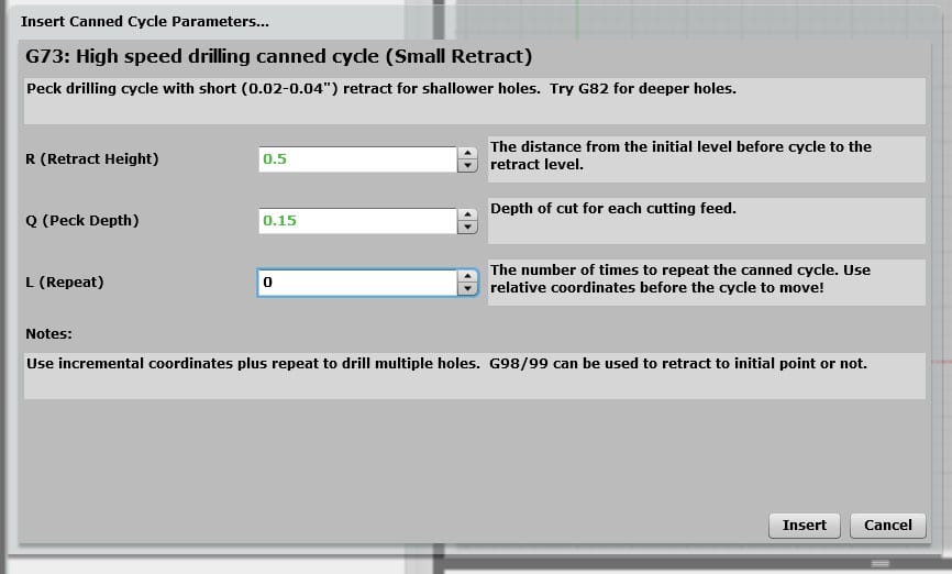 Grey background with black text, divided into two sections: "Insert Canned Cycle Parameters" and "G73 High Speed Drilling Parameters".