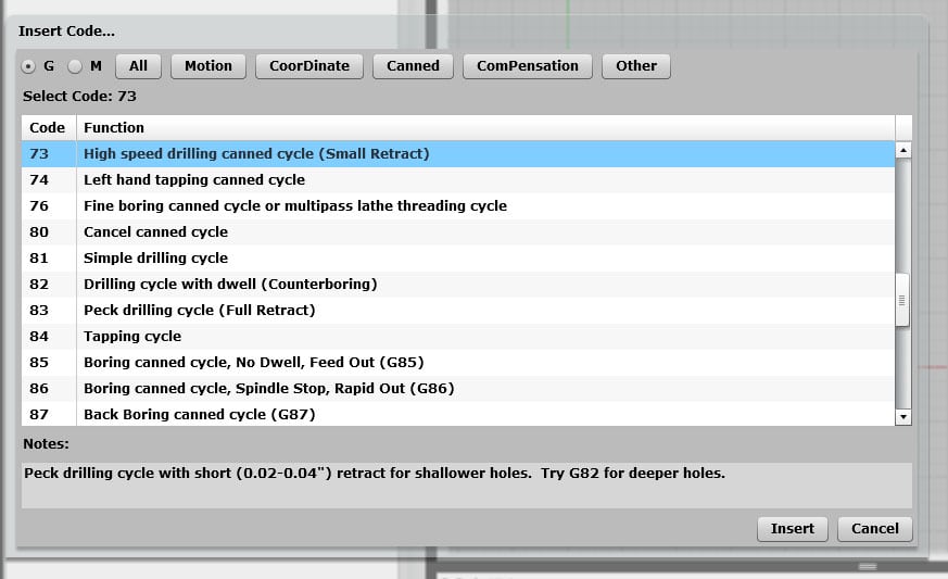 G-code programming: drilling operation codes with descriptions.