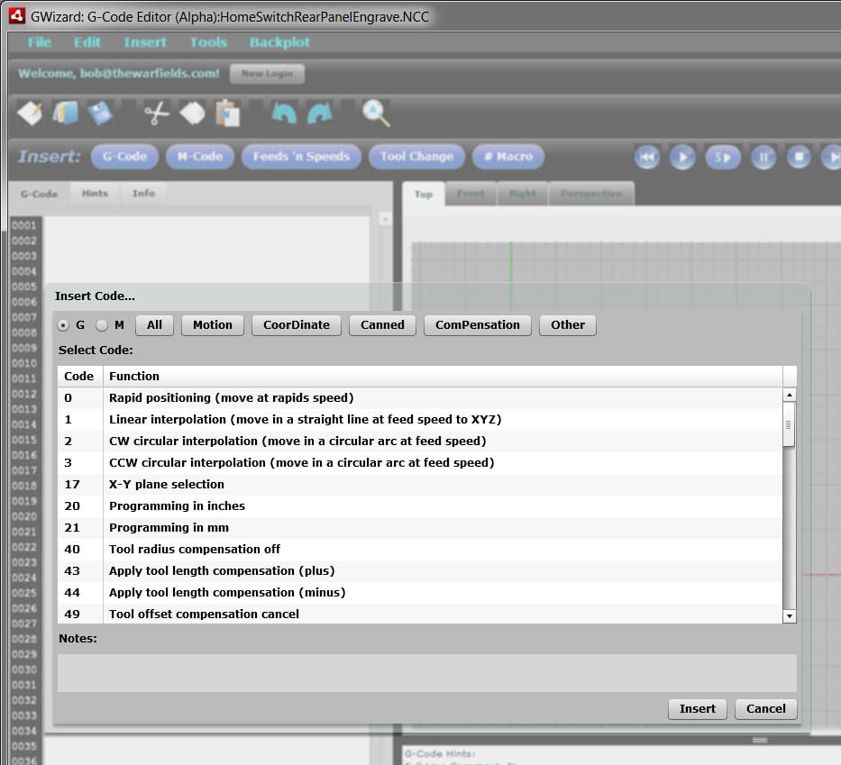 Machine shop software G-Code Wizard interface with tabs and dropdown menus.