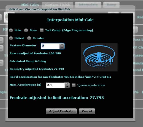 CNC software with Interpolation Mini-Calc interface.