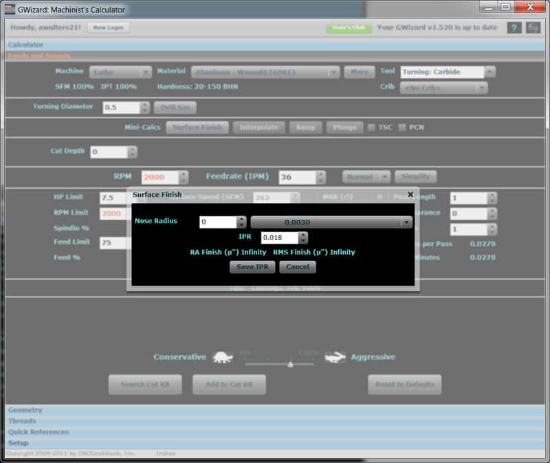Machining calculator with input fields and output display.