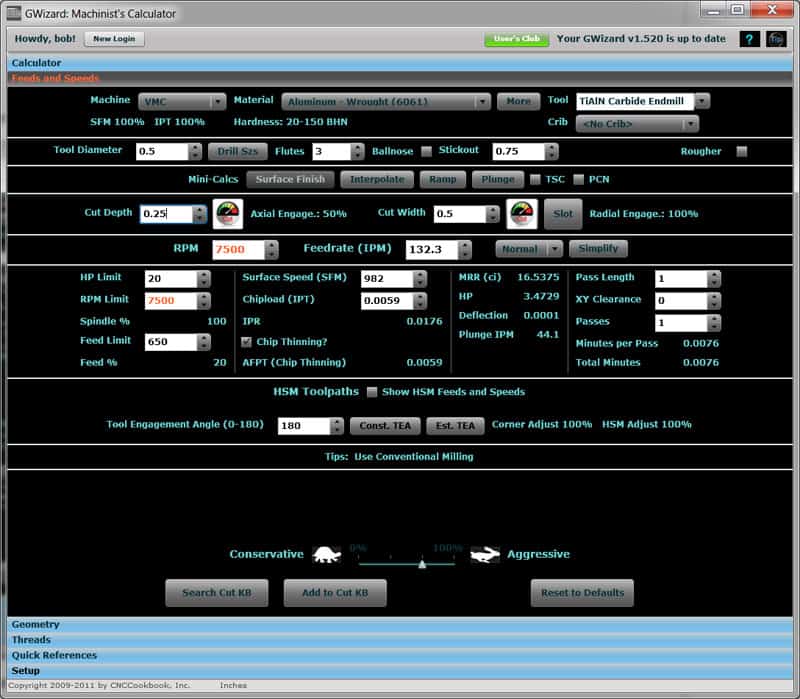 GWizard Machinist's Calculator tool screenshot, showcasing machining calculations interface.