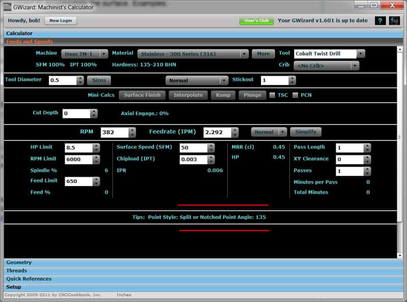 Computer screen with calculator for calculating point angle of drill bit.