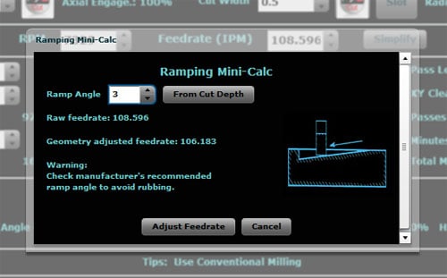 A computer screenshot showing the Ramping Mini-Calc interface with settings for a CNC machine.