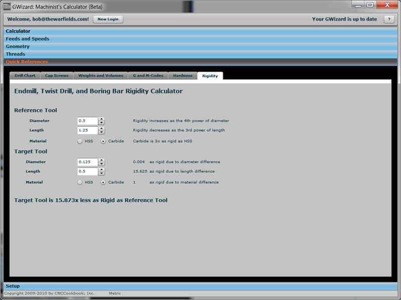Screenshot of CNCCookbook.com rigidity calculator tool with title and input fields.