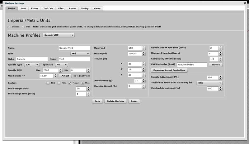 CNC settings page with imperial/metric unit options.