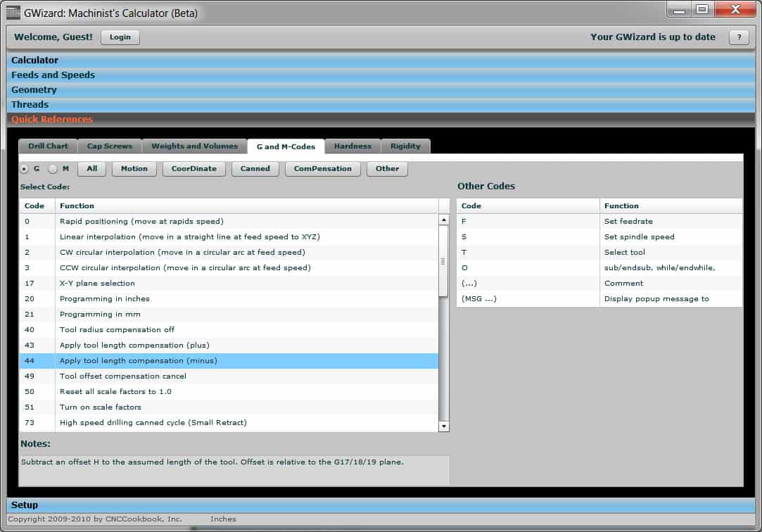 GWizard: Machinist's Calculator screenshot, showing a table of functions and corresponding codes.
