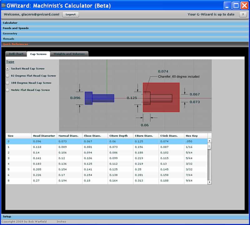 Screenshot of GWizard online calculator for machinists featuring screw weight computation.