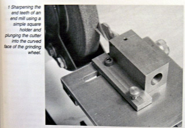 Metal grinding wheel sharpener attached to a machine with handle and two bolts visible.