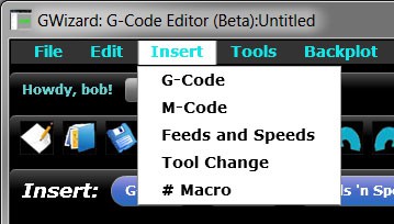A computer menu with options for inserting G-Code, M-Code, Feeds and Speeds, Tool Change, and Macro code.