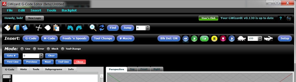 GWizard G-Code Editor Jump Toolbar with icons and buttons for navigation and editing.