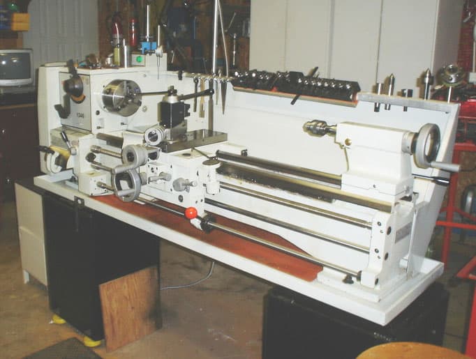 Lathe in a workshop setting.