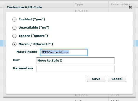 Screenshot of a webpage with a grayish-beige background and a white popup window titled "Customize G/M-Code".