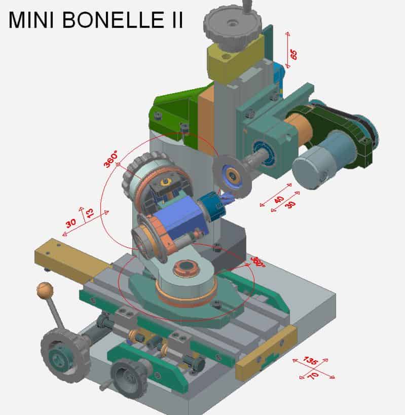 Three-quarter view of Mini Bonelle II machine with detailed components.
