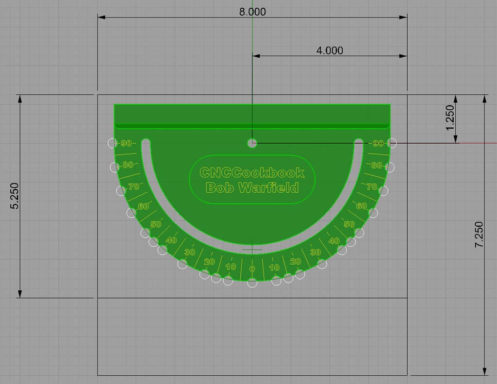 A green semi-circular object with ruler-like scale, featuring text "CNCCookbook.com" and "Bob Warfield", against a gray background.
