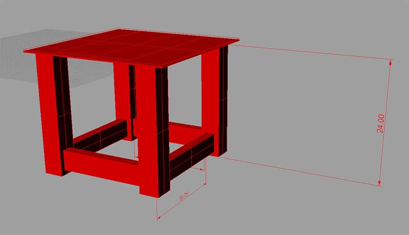 Red table with dimensions in a 3D rendering.