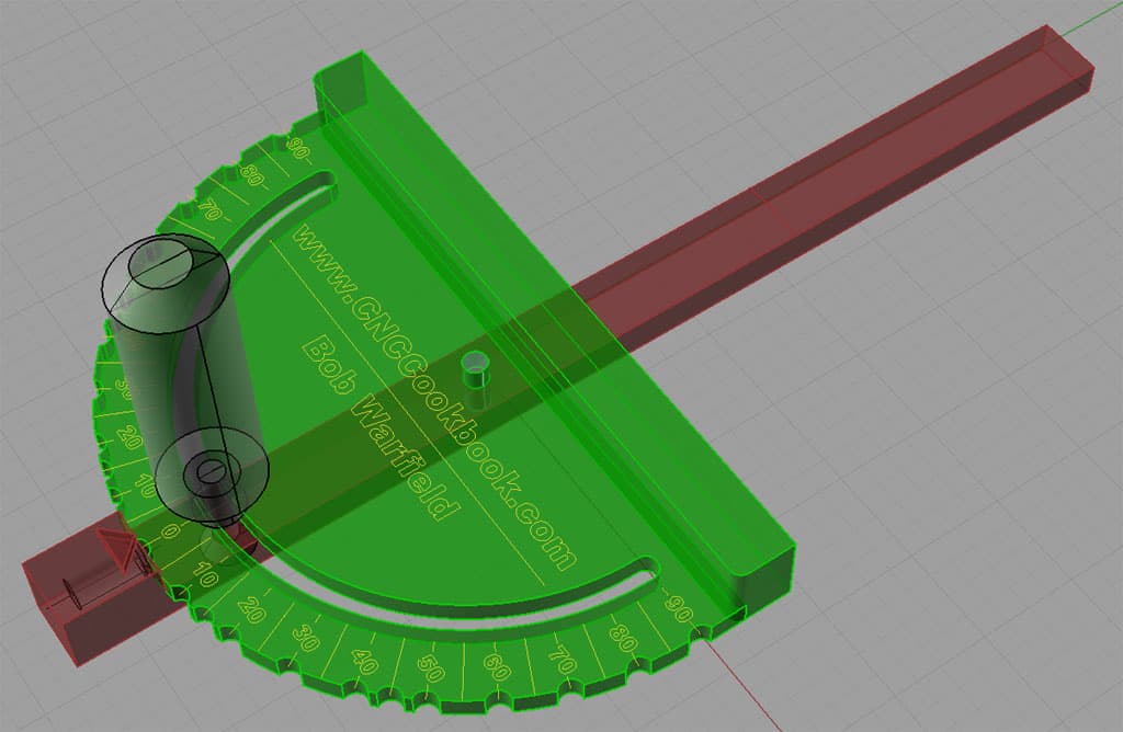 A 3D miter gauge with green body and red handle, featuring precise markings and a circular base.