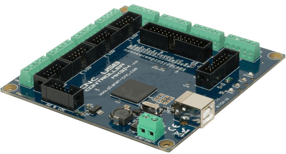 Compact CNC machine USB controller board with blue circuitry and green/black components.