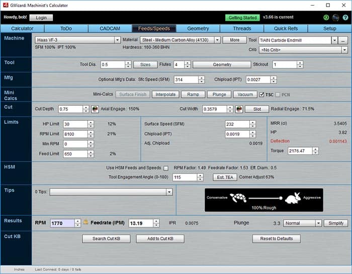 Machining computer program with customizable tools and settings in multiple tabs.