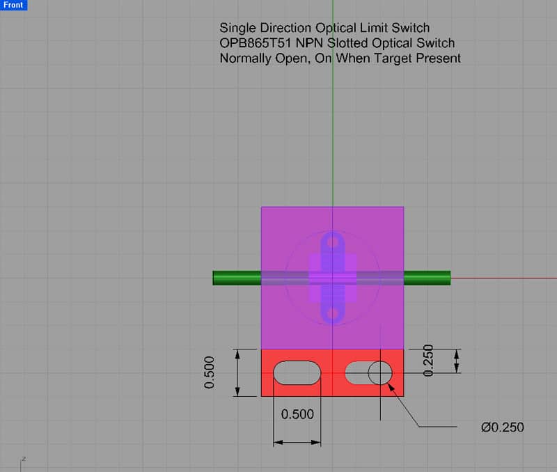 Optical limit switch technical drawing with dimensions and design.