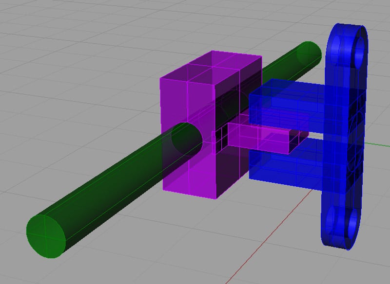 3D CAD mechanical assembly with green gate switch arm and purple and blue limit stops in perspective view.