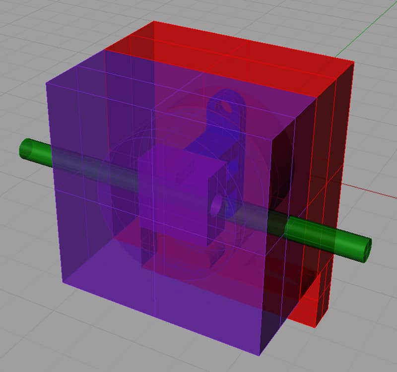 Red, purple, and green cube on gray background.