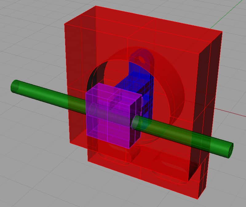 Red box with hole, green rod, and purple cubes in gray background.